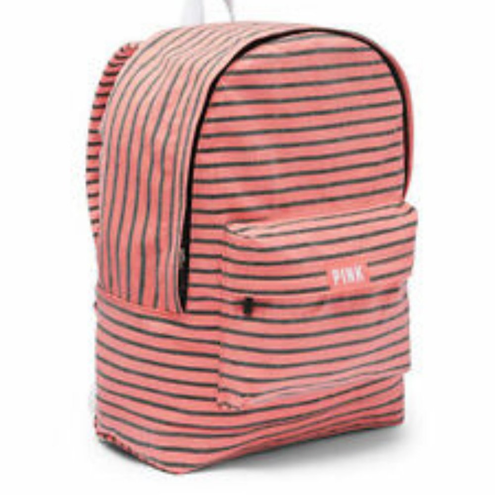 VS Pink Campus Coral Orange Black Stripe Cotton Canvas Backpack